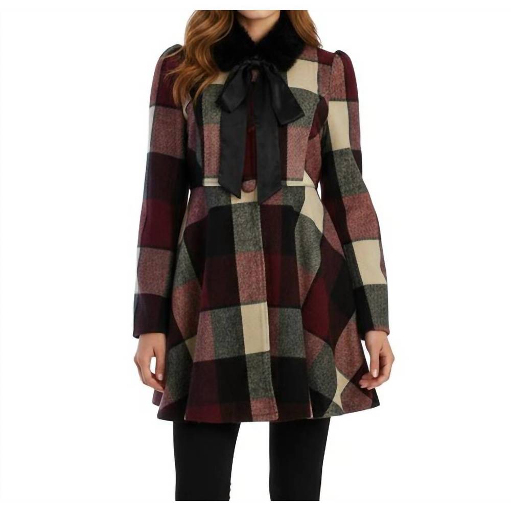 NEW RYU plaid wool with faux fur scarf jacket in burgundy